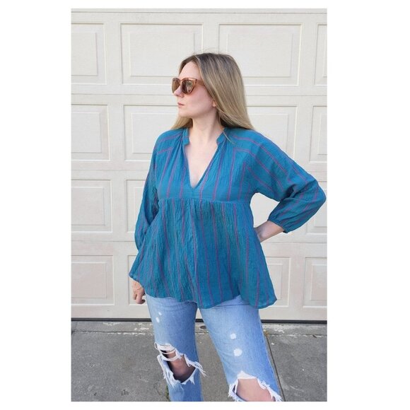 PIETSIE Turquoise Stripe Blouse - Picture 1 of 5